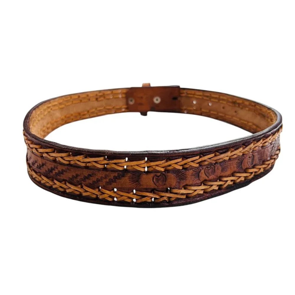 Brown Leather Western Braided Tooled Belt 30 Rodeo Country Festival